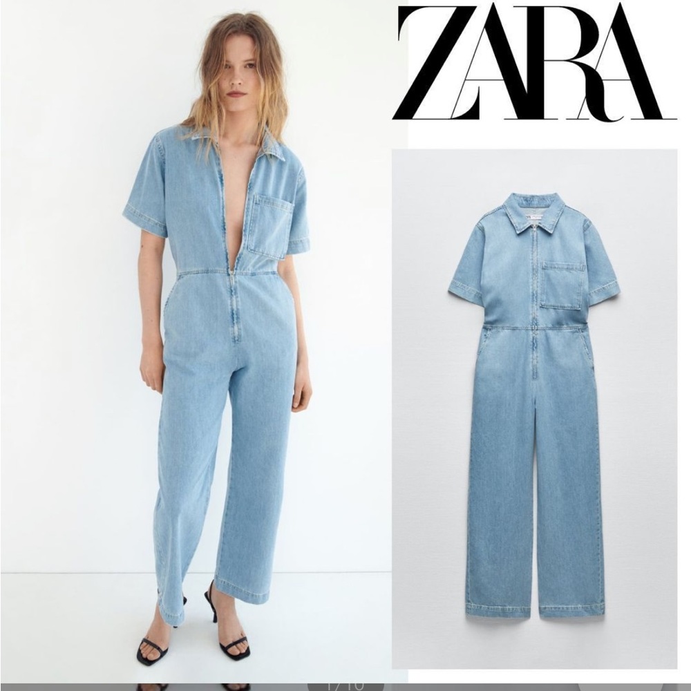 NWT Zara Chambray Denim Utility Jumpsuit XS